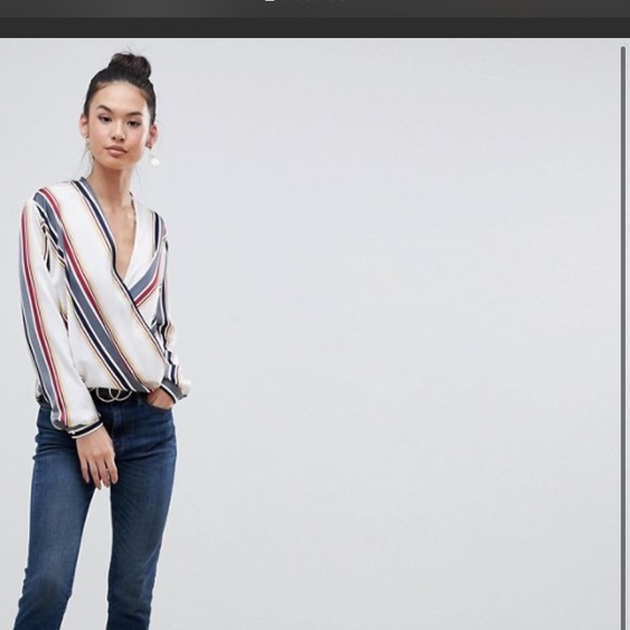 Boohoo Stripe Front Wrap Blouse - Picture 1 of 4